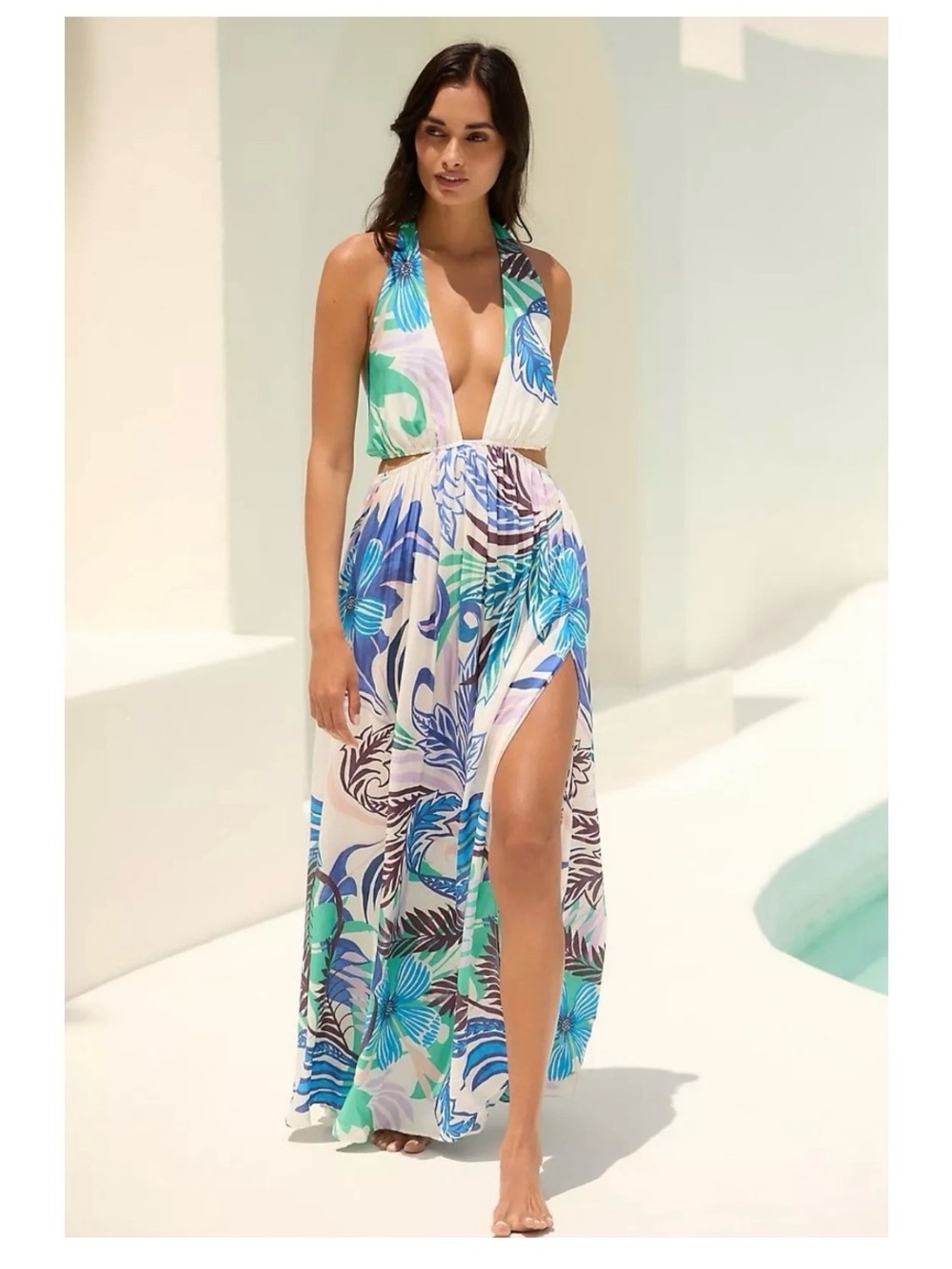 Anthropologie Halter Plunge Maxi Dress in Blue, Green & Lavender Size Medium